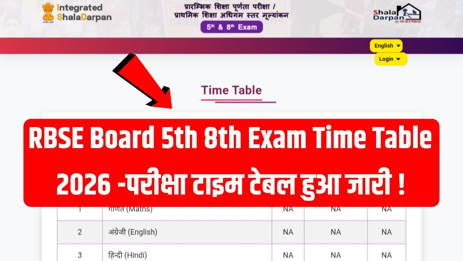 RBSE Board 5th 8th Exam Time Table 2026