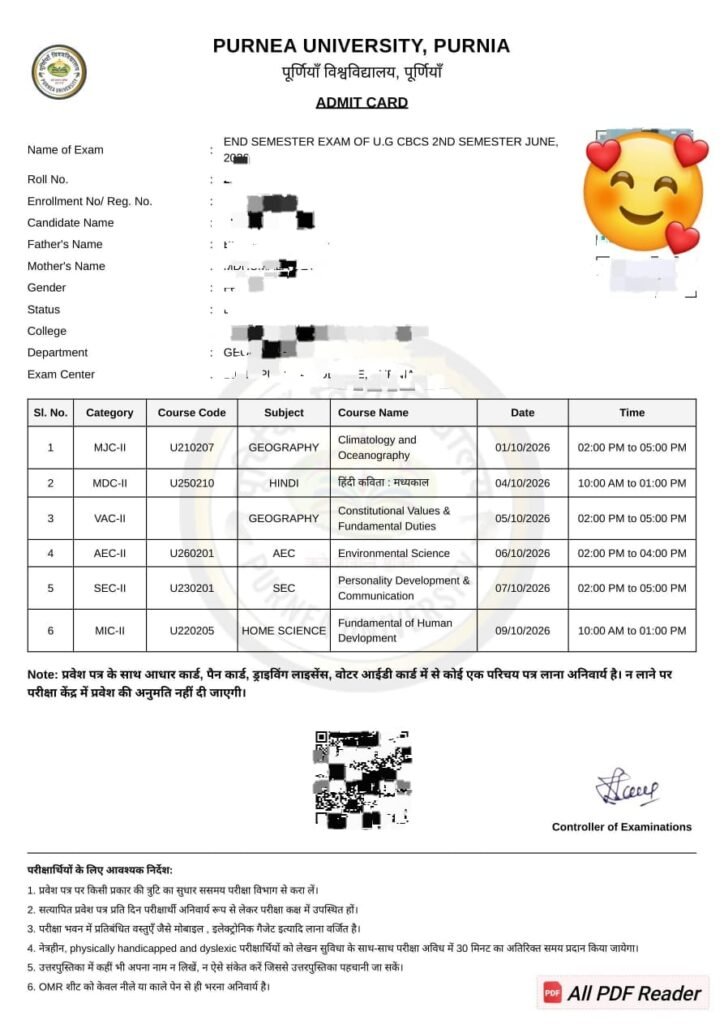 Purnea University UG 2nd Semester Admit Card 2025-29