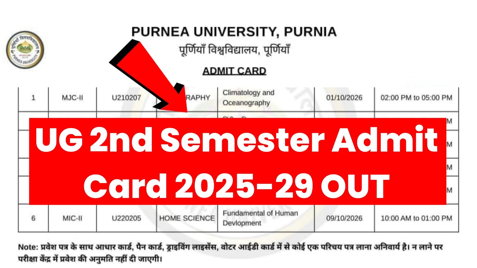 Purnea University UG 2nd Semester Admit Card 2025-29