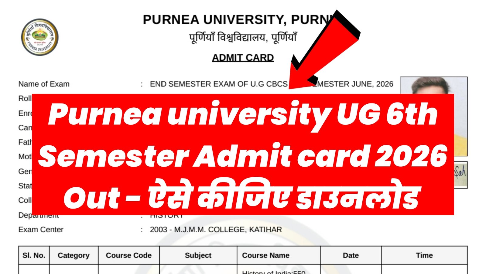 Purnea University UG 6th Semester Admit Card 2026
